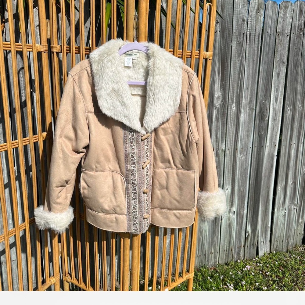 Cold water creek tan and faux fur jacket with embroidery